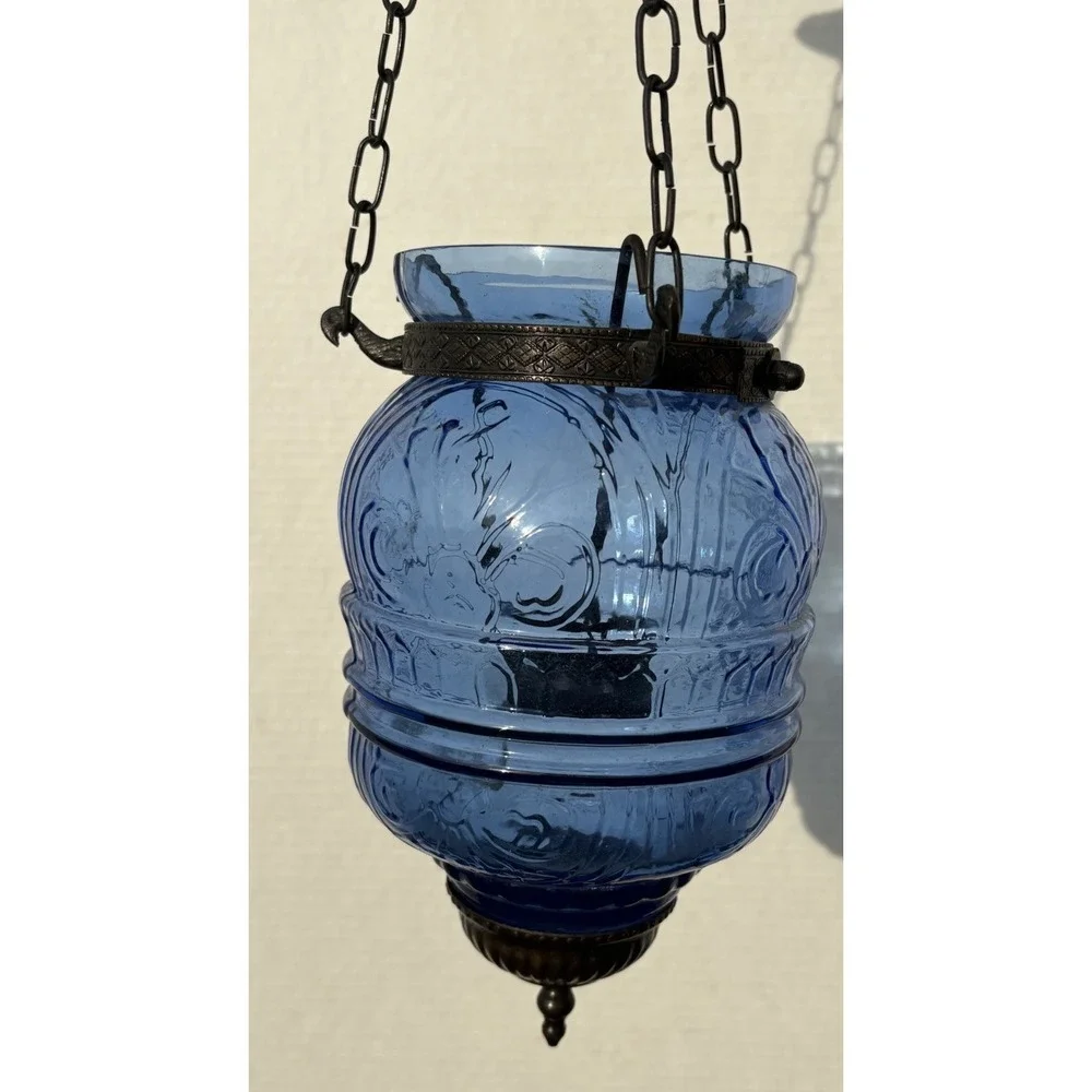 Antique hanging Blue Glass Bell Jar Candle Lantern ~ Pendant Bell